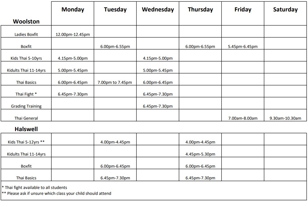 Timetable – Sitnarong – Muay Thai Christchurch